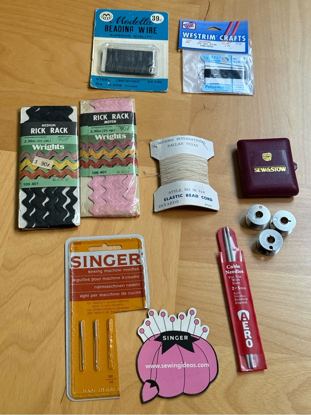 Vintage Singer Sewing Machine Needles Metal Bobbin Elastic Bead Cord Magnet Lot